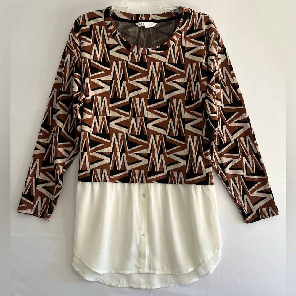Mixed Media Geometric Knit Top Dark Academia Minimalist Earth Tones Shirt